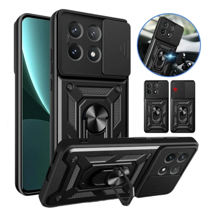 For Xiaomi Poco X6 Pro 5G Case Slide Camera Protect Armor Coque For PocoX6Pro Poko Little X6Pro X 6 Pro Magnet Holder Ring Cover