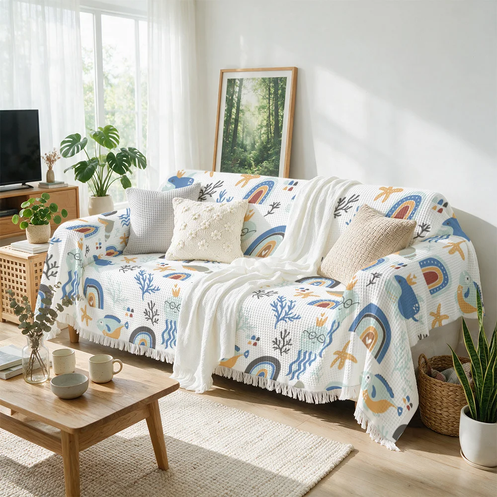 Boho Coastal Sofa Throw Blanket Nautical Beach Decor Printed Cushion Cover for Living Room Boho Accent Throw for Seasonal Home D