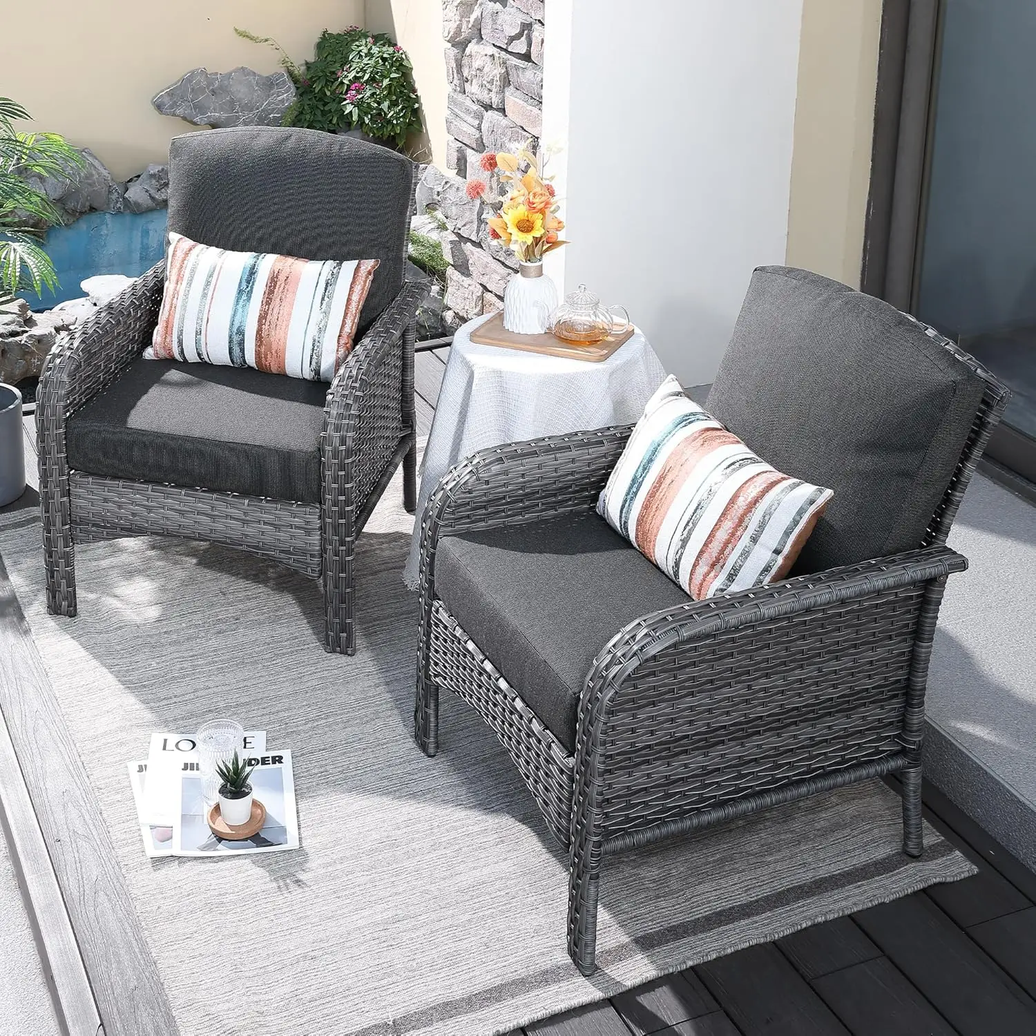 Terrassen möbel Set, Outdoor Korbs tühle Allwetter Rattan Stühle mit hoher Rückenlehne und bequemen Kissen für Veranda Deck