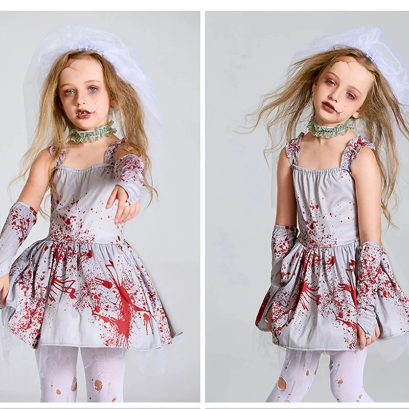 Halloween Corpse Bride Scary Girls Cosplay Costume Kids Children Bloody Walking Dead Zombie Carnival Party Role Play Dress Up UY