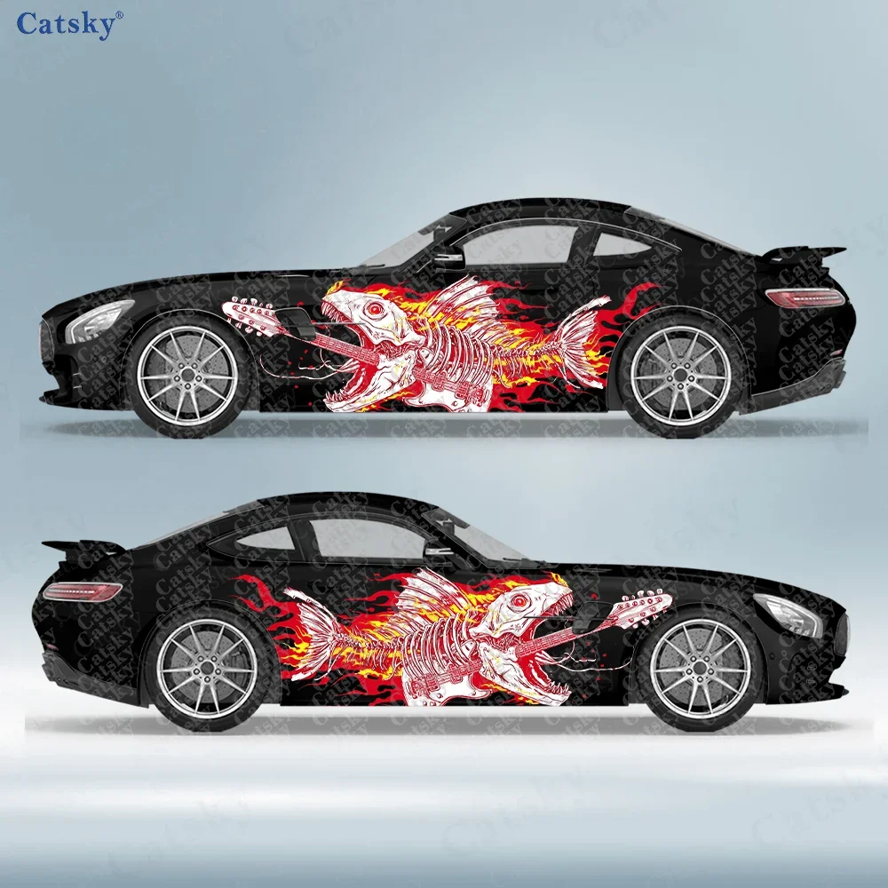 2pcs Flame Fishbone Guitar Car Side Wraps, Self-Adhesive PVC Waterproof & Scratch-Resistant Stickers, Car Accessory Gift