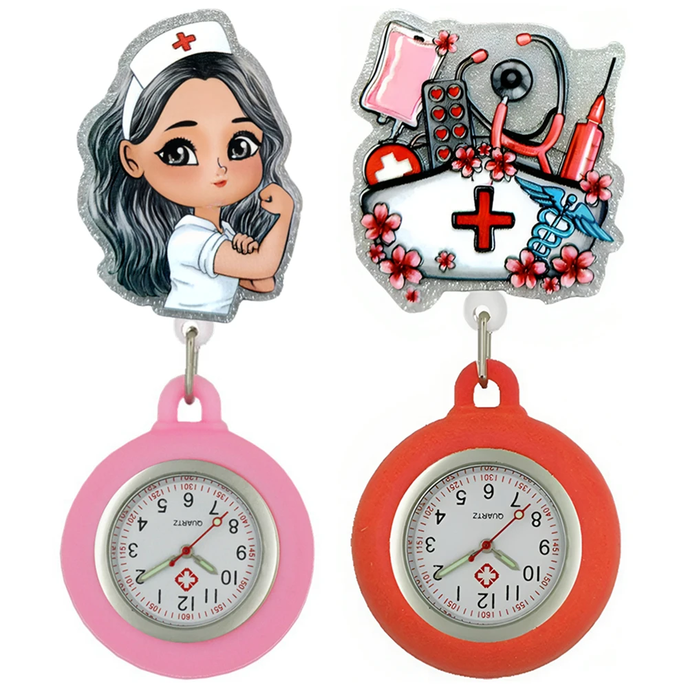 Cartoon Female Women Nurse Doctor Hospital Medical Workers Health Care Badge Reel FOB Pocket Watches Clip Hanging Clock