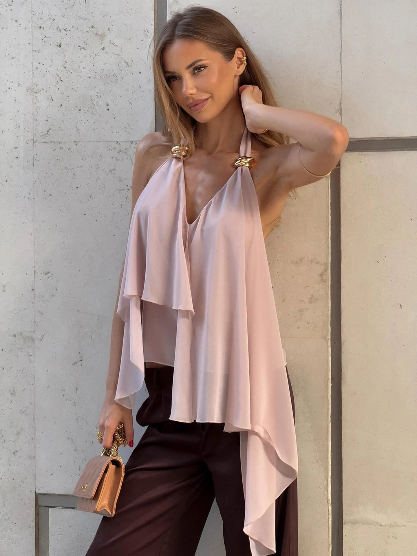 Dulzura Halter Sleeveless Backless Slim Fit Irregular Chiffon Vest Women'S Fashion Sexy Elegant Y2K Top Party Club Street Outfit
