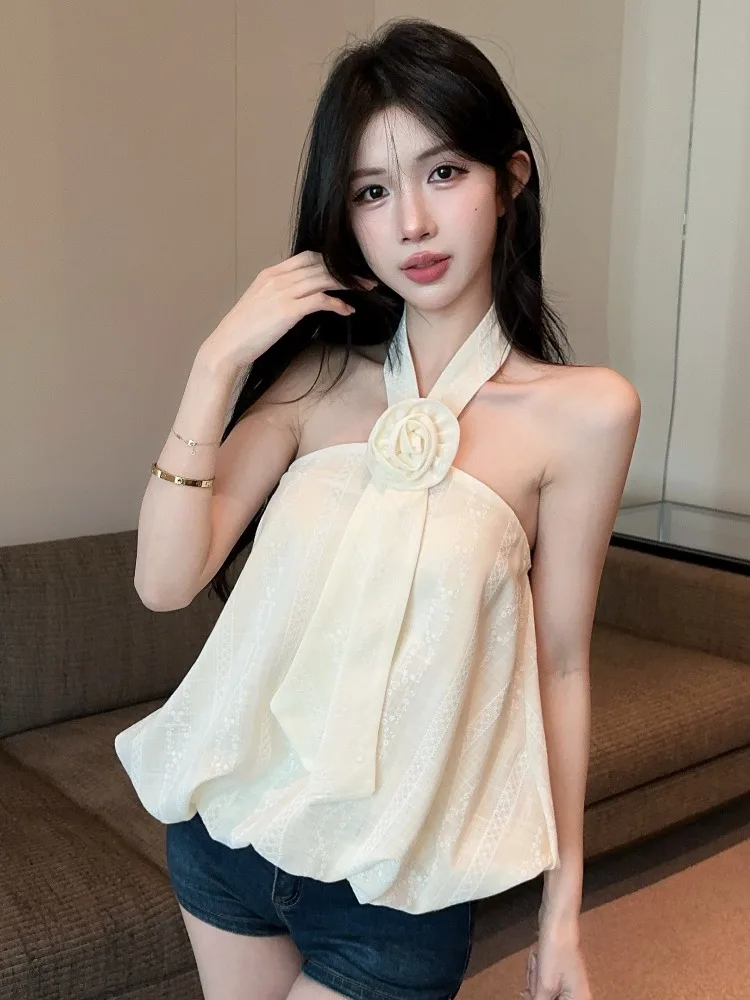 

Spicy Girl Sleeveless Design Sensation Hanging Neck Flower Bud Tube Top Vest Women Summer New Fashion Versatile Short Top