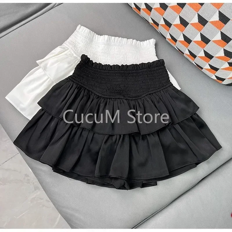 Sweet Cake Skirt Women's Ruffles Casual Simple Short Mini White Chiffon Skirt Black Kerean New 2024 Puffy Ballet Style Skirts