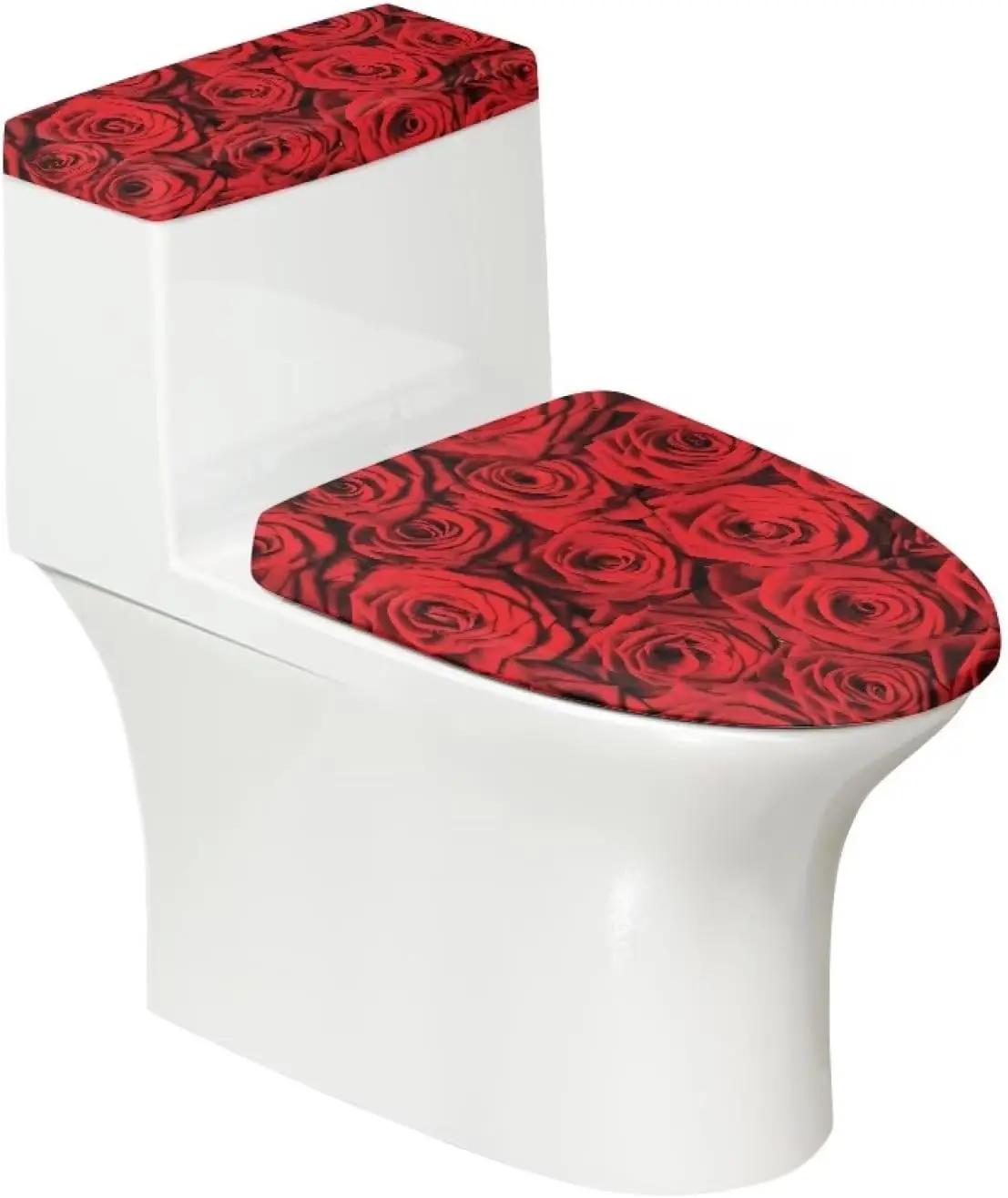 

Stretchable Toilet Lid Cover with Elastic Edge, Fits Most Round and Elongated Toilets, Red Rose Design, Soft Polyester, Machine Washable