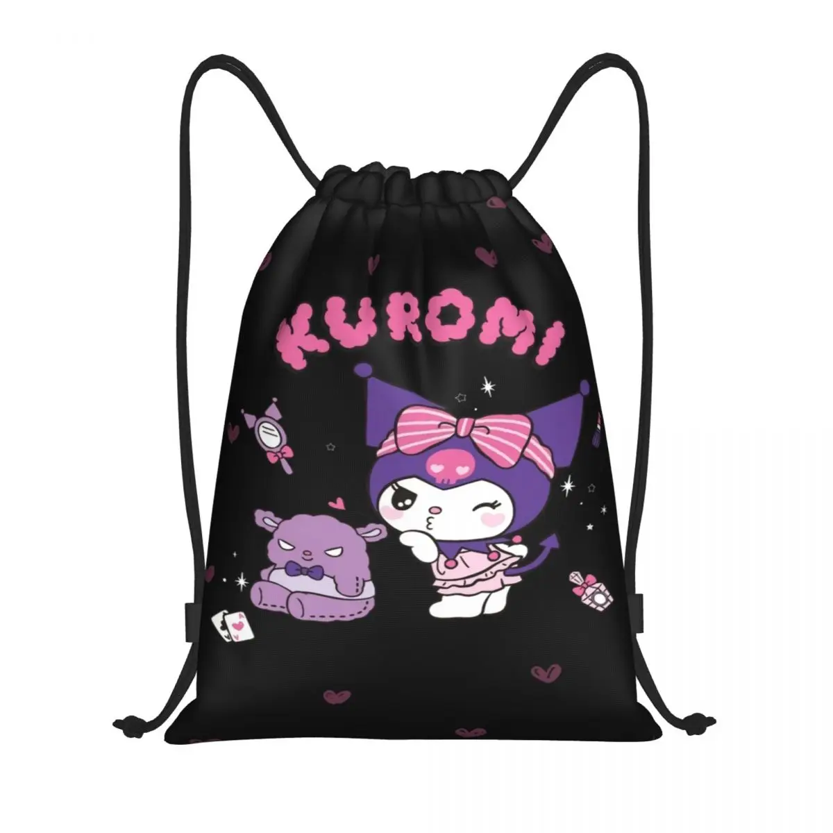 Custom Kuromi Cartoon Anime Heart Drawstring Bag for Training Yoga Backpacks Men Women Sports Gym Sackpack