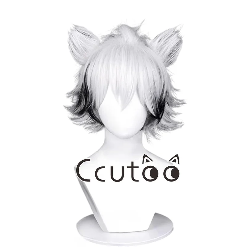 

Von Lycaon Cosplay Wig 30cm White Mixed Black Short Hair Heat Resistant Synthetic Wigs with ears