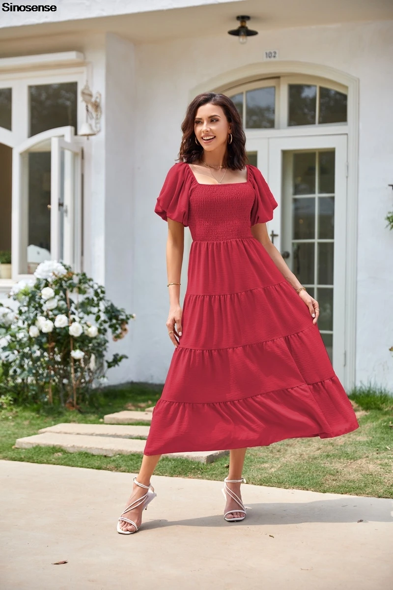 Vestido largo de manga corta con cuello cuadrado para mujer, maxivestido escalonado, holgado, bohemio, para playa y fiesta de invitados de boda