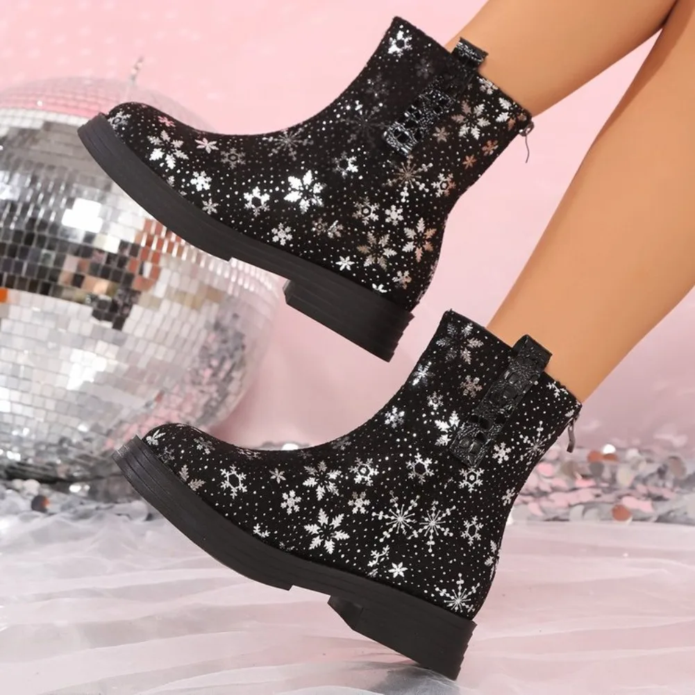 Women's Ankle Boots Round Toe Low Block Heel Side Zipper Snowflake Pattern Textured Upper Casual Winter Party Festive Footwear