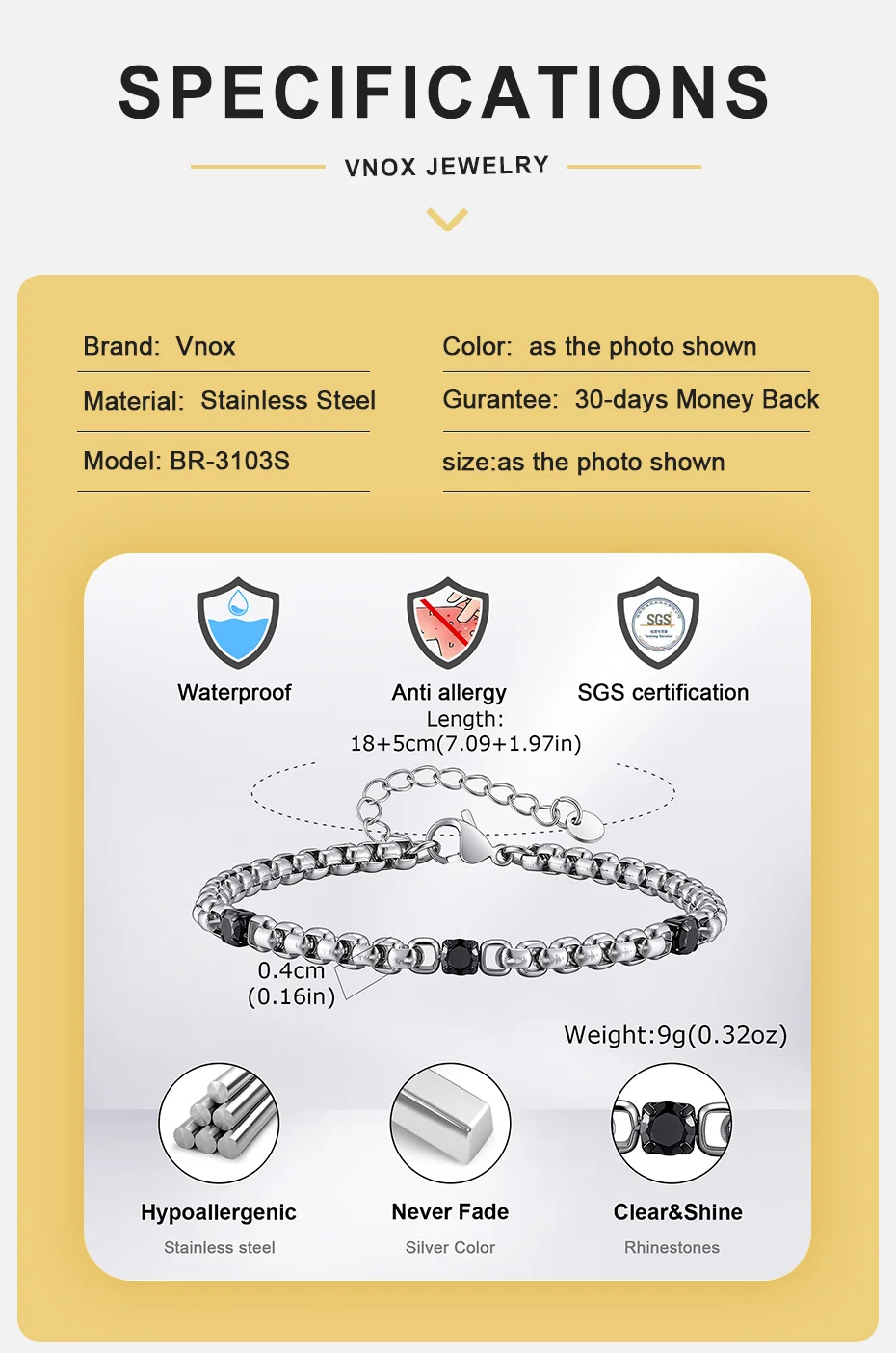 Vnox Herren-Armband aus Edelstahl mit Kastenkette, schwarzes quadratisches CZ-Gliederarmband, verstellbar, Punk-Schmuck, Geschenk für ihn, Ehemann, Freund – Detail 4