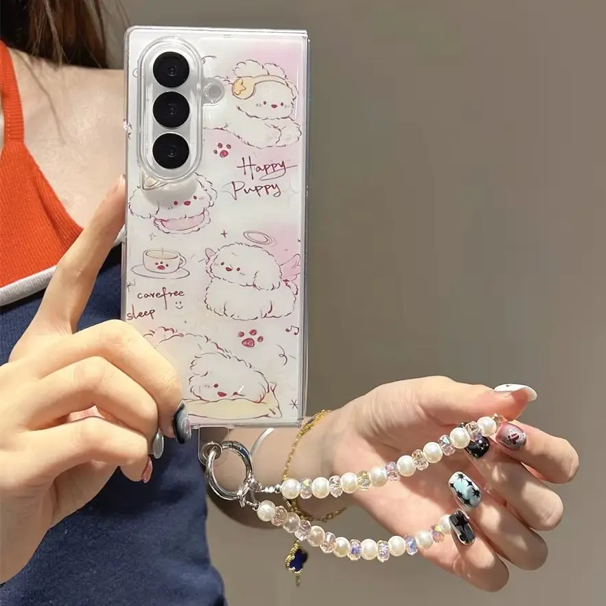 Kawaii Sweet Pastel Cartoon Puppy Printed Phone Case for Samsung Galaxy Z Fold 7 Pearl Bead Wrist Strap Cover for Z Flip 7-3