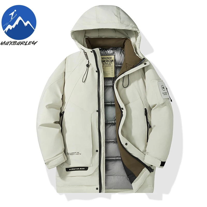 Maxbarley 2026 الرجال سترة طويلة أسفل الشتاء المشي لمسافات طويلة التزلج مقنعين الأبيض بطة أسفل معطف دافئ العصرية سميكة عالية الانتفاخ سترة منفوخة