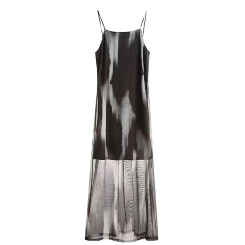 MEXZT Y2K Tie Dye Midi Dress Women Spaghetti Strap Mesh Print A Line Dresses Vintage Streetwear Tulle Sleeveless Slim Vestidos