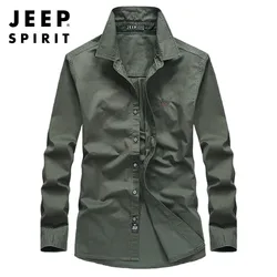 JEEP SPIRIT men solid color simple long-sleeved shirt spring autumn fashion loose all-match cardigan casual military style top