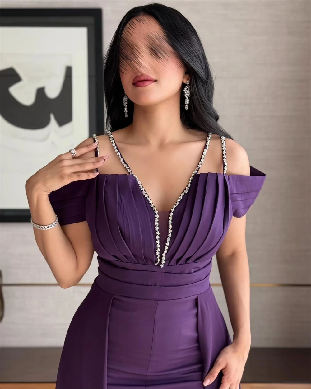 Maßgeschneidertes Abendkleid, exquisiter V-Ausschnitt, schulterfrei, ärmelloses Partykleid, Chiffon, Perlen, Sweep-Zug, Promi-Kleider