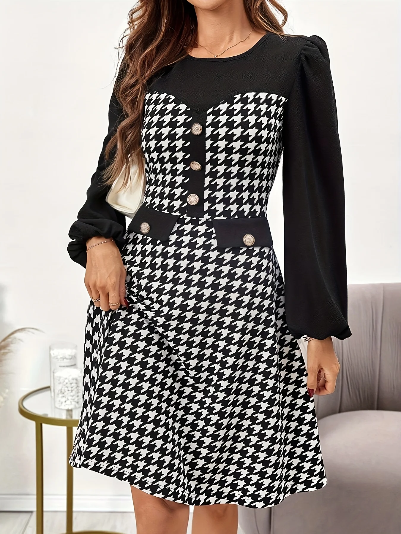 Elegant Autumn Winter Plaid Splicing Button Dress for Women by Zhou Dongzi Stylish Directed Ladies Skirt with Bird Pattern - Image 5