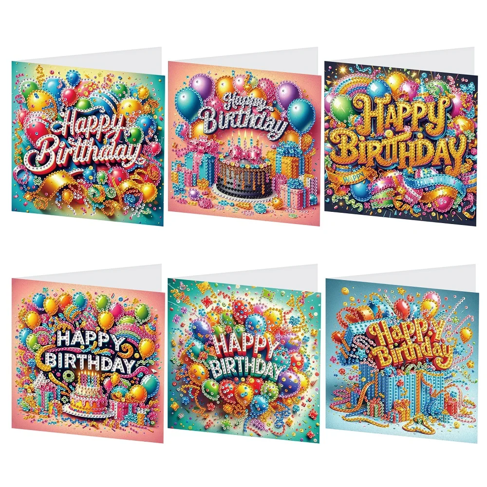 6-teiliges Grußkarten-Set für Diamant-Kunstmalerei, alles Gute zum Geburtstag, Diamant-Kunsthandwerk mit Umschlägen, Diamantkarten für Feiern