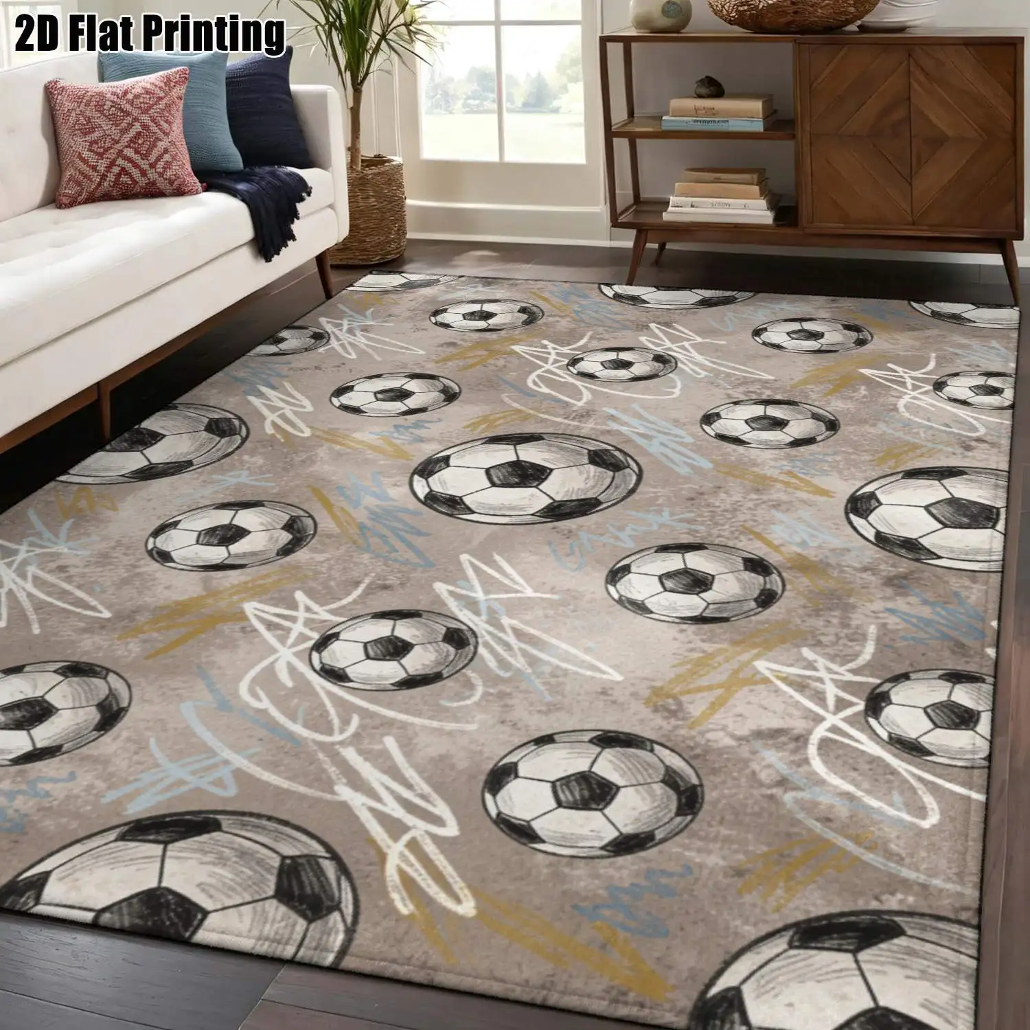 1Pc 2D Printed Carpet with Gray Football Letter Pattern: Nordic, Modern Minimalist & Vintage Style, Ideal for Home Decor, Multi-Size, Machine Washable, Perfect for Entrance, Living Room, Bedroom, Dining Room & Foyer