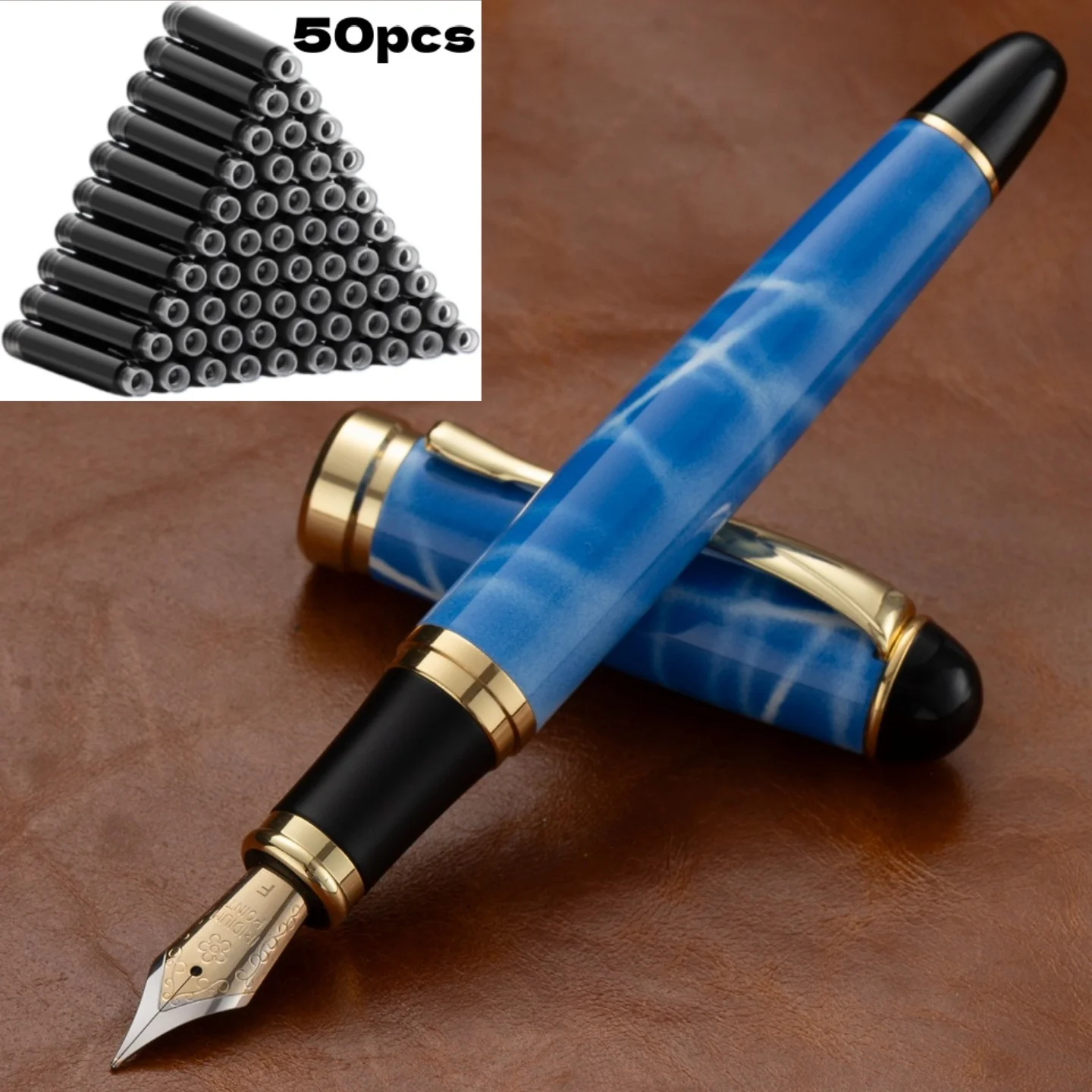 51Pcs Fountain Pen Ink Cartridge Set [1Pc Pen + 50Pcs Ink Cartridges], 0.5mm Tip, Metal Nib, Stainless Steel Pen Body, Snap-On Cap, High Quality, Electroplated Finish, Phantom Gradient Color, Suitable for Calligraphy, Elegant and High-End, Noble and Luxurious, Suitable for 2.6mm Caliber, Student Stationery, Gifts, Valentine's Day, Back-To-School Season, Graduation Season, Birthday, Christmas, Father's Day, Mother's Day, Teacher's Day, Thanksgiving
