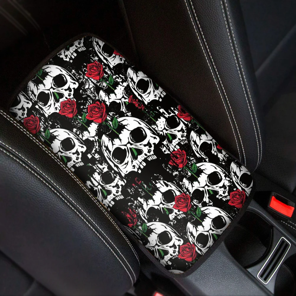 Center Console Cover Pad Universal Car Interior Accessories Gothic Skull Design Car Armrest Cover Mat Punisher Storage Box Cover