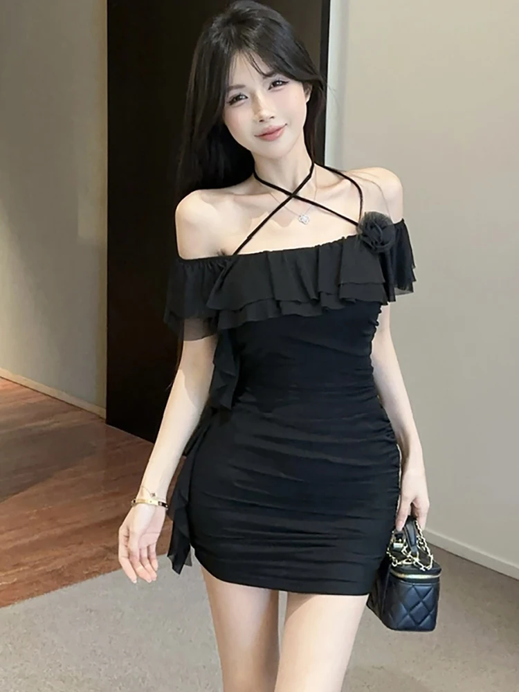 2025 roxo plissado bodycon chique babados sexy mini vestido feminino elegante casual kawaii vestido de verão moda coreana vestido de uma peça