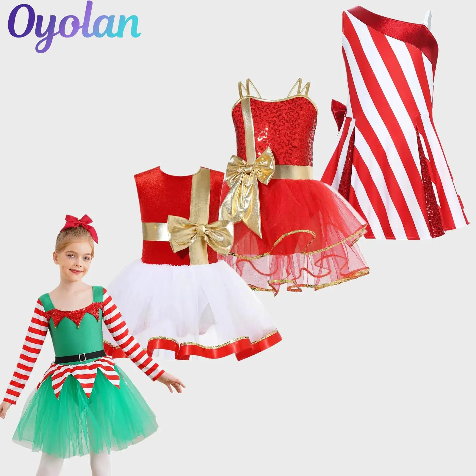 

Girls Christmas Xmas Santa Claus Candy Cane Cosplay Party Costume Metallic Bow Sequins Striped Flared Ballet Leotard Dance Dress