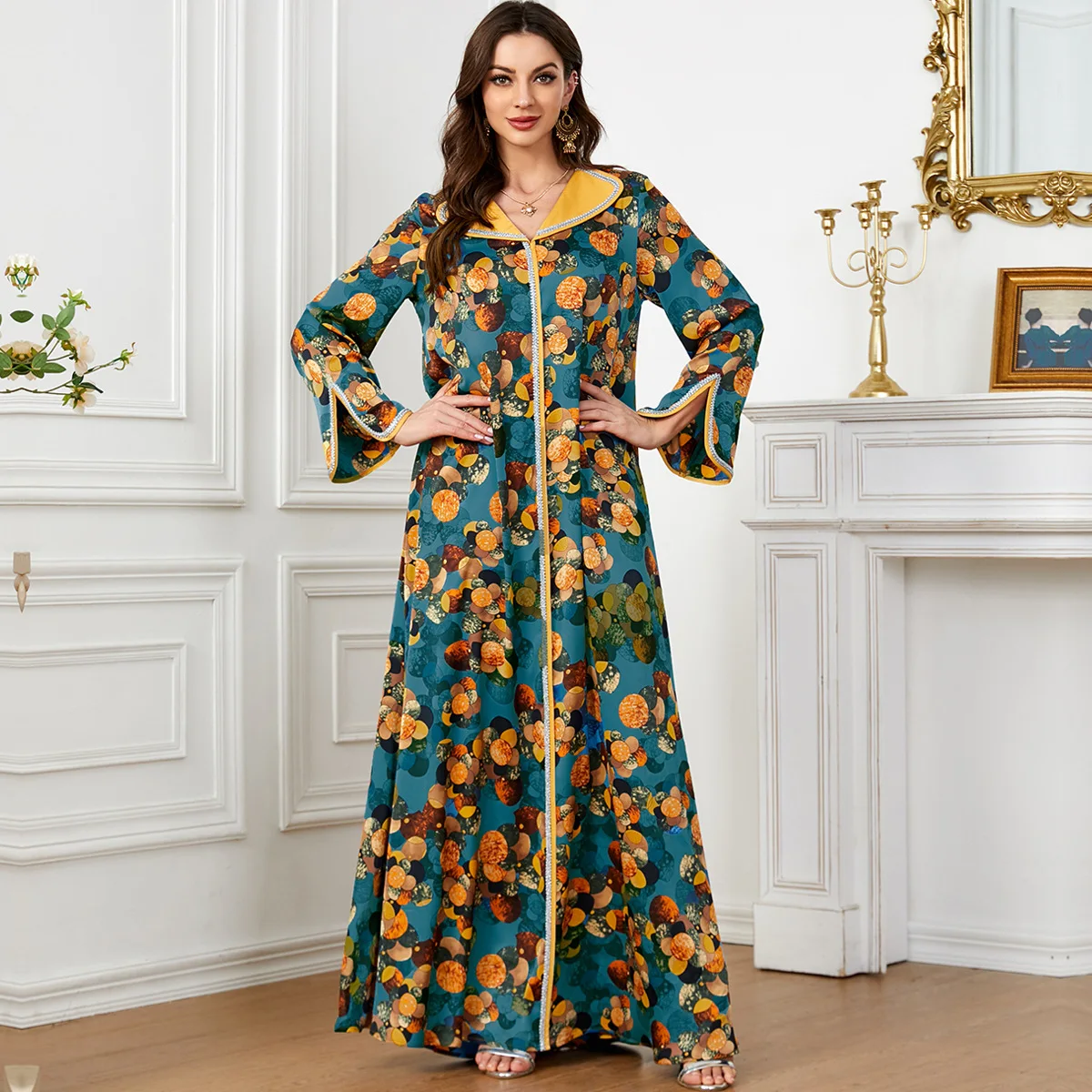 Fashionable Printed Dress for Women Ethnic Clothing for Gulf Festival Travel in Dubai And Saudi Arabia Traditional Chinese Pr...