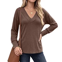 Women's V Neck Long Sleeve Tunic Top Loose Fit Drop Shoulder Tee with Button Cuff Detail Casual Basic Blouse - Image 4