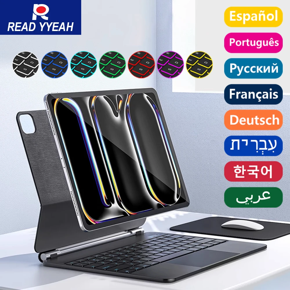 

ПРОЧИТАЙТЕ YYEAH 2025, волшебная клавиатура для iPad Pro 11 12,9 дюйма, 2018-2022, иврит, испанский, португальский, двуязычная Bluetooth-клавиатура, чехол для iPad