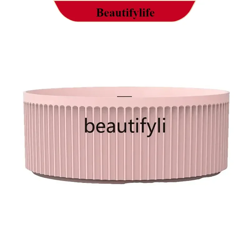 

Pink artificial stone bathtub Free-standing circular vertical striped household color bathtub