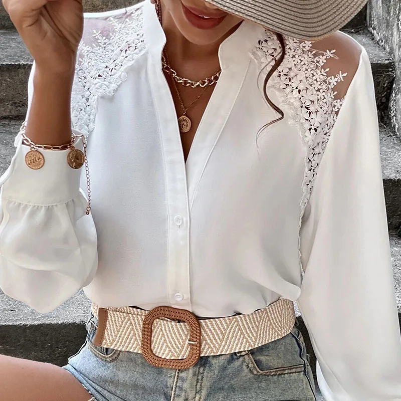 

2024 Spring and Summer White Shirts Fashion Women Casual Loose Lace Blouse Office Lady Elegant Long-sleeve Tops Blusas 24889