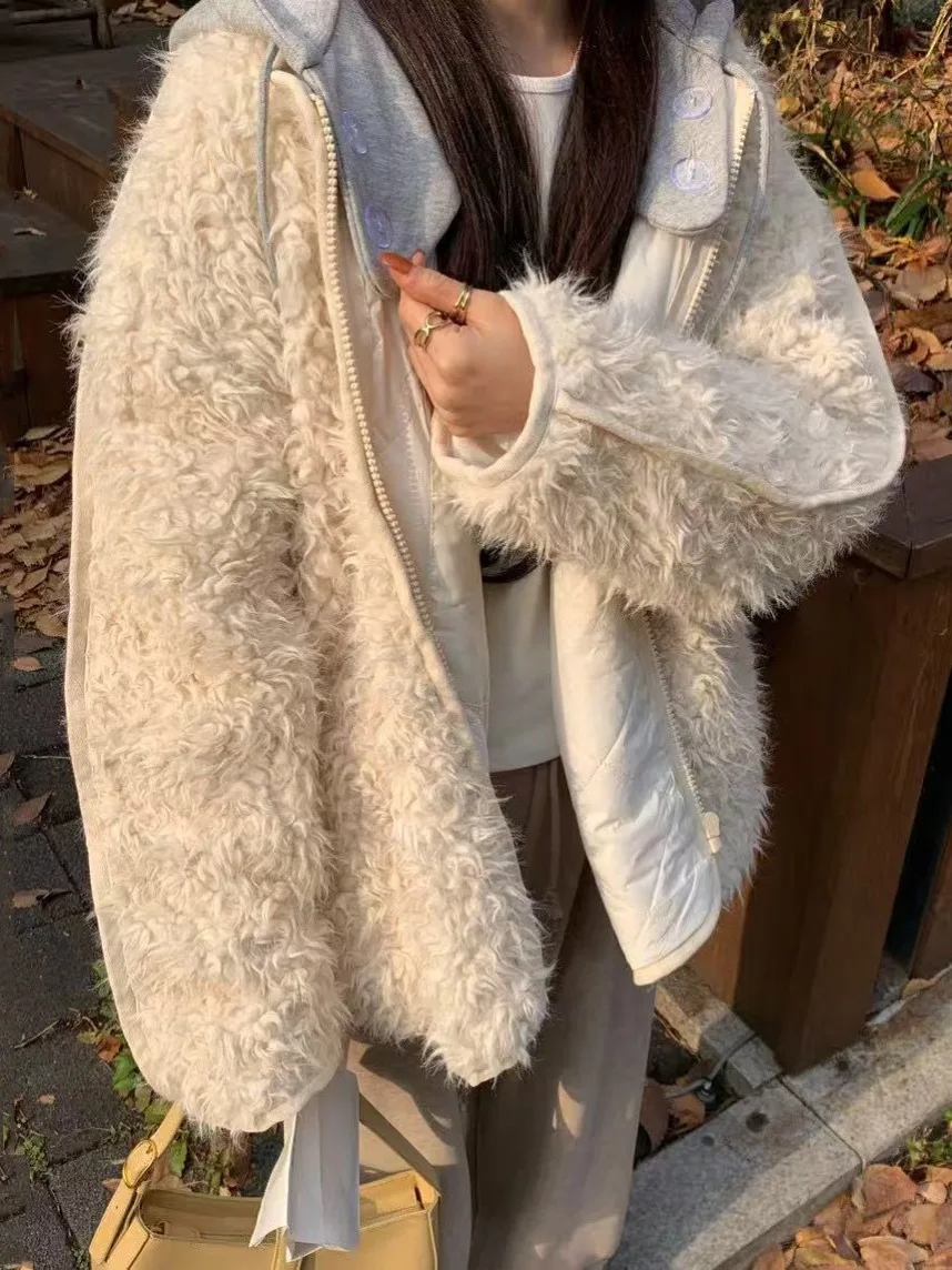 

Корейский женский свободный хлопковый жакет со съемной шапкой, пушистая теплая внутренняя хлопковая верхняя одежда, модная уличная одежда