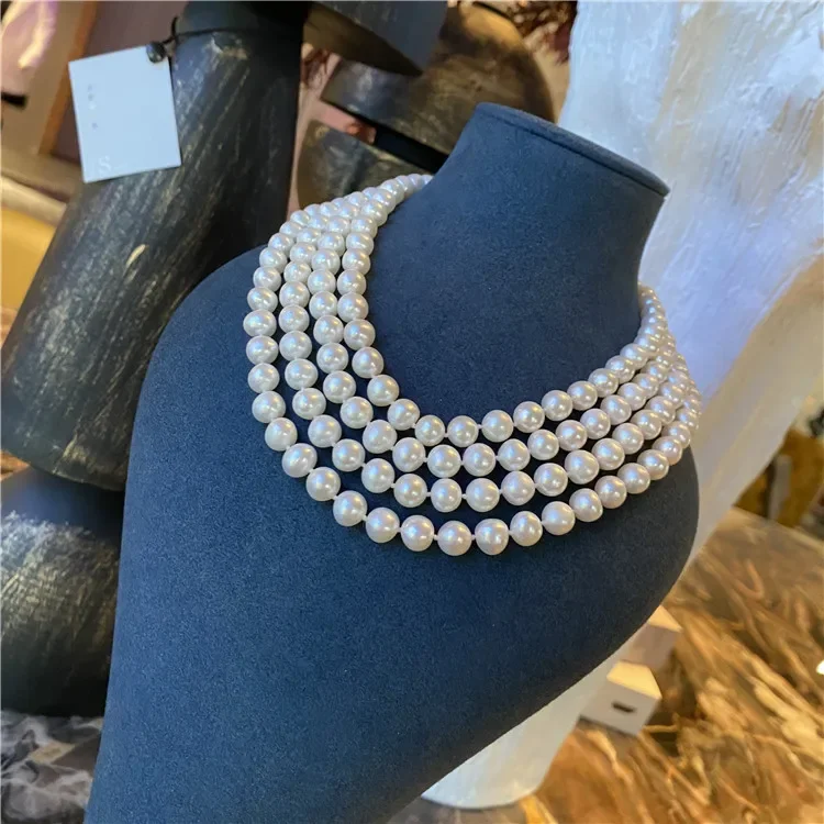 Natural White Round Pearl 4 Rows 8-9mm White Pearl Necklace CZ Clasp For Women Lady Gift Jewelry