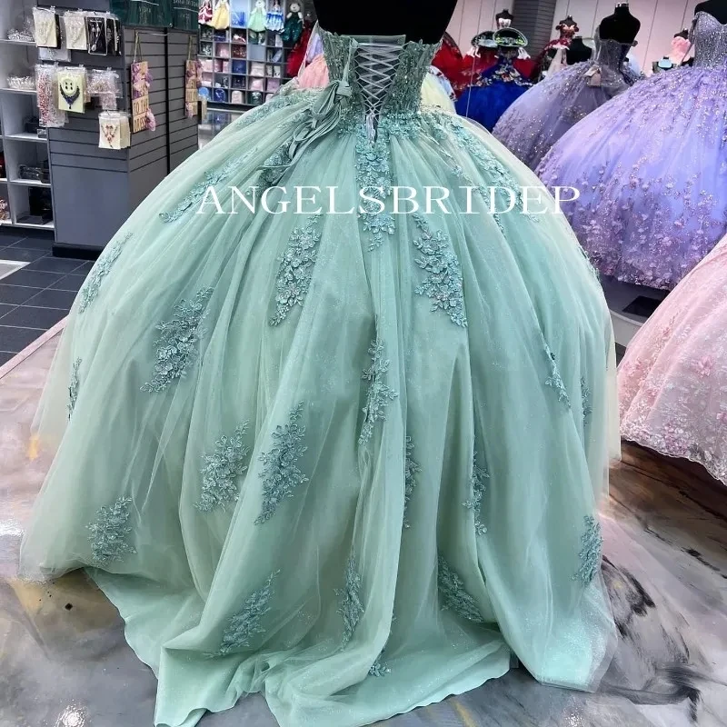 Angelsbridep ชุดชุดไปงานเต้นรำ15 quinceanera เปิดไหล่สีเขียวมีโบว์ใหญ่ปรับแต่งได้มาก