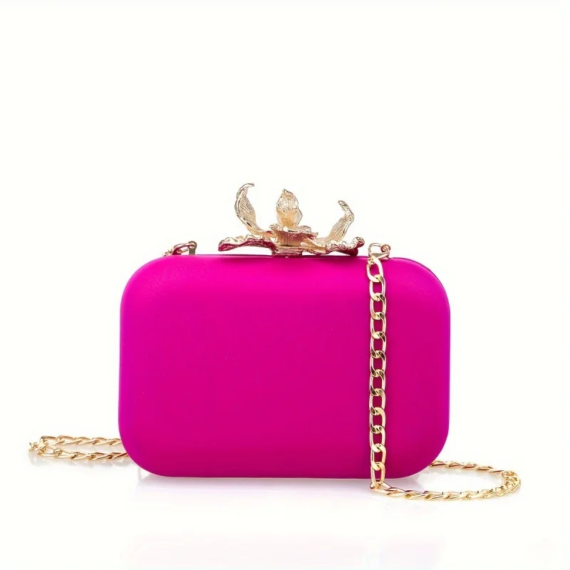 Bolso de Mano Tipo Clutch con Cierre Metálico Floral Dorado, Color Fucsia Brillante, para Mujer, Ideal para Bodas, Fiestas y Eventos Nocturnos, Bolso Bandolera Pequeño con Cadena Desmontable