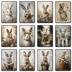 Boho Rabbit Bunny Vintage Poster Rustic Hare Cottagecore Print Canvas Painting Animal Wall Art Picture Easter Farmhouse Decor