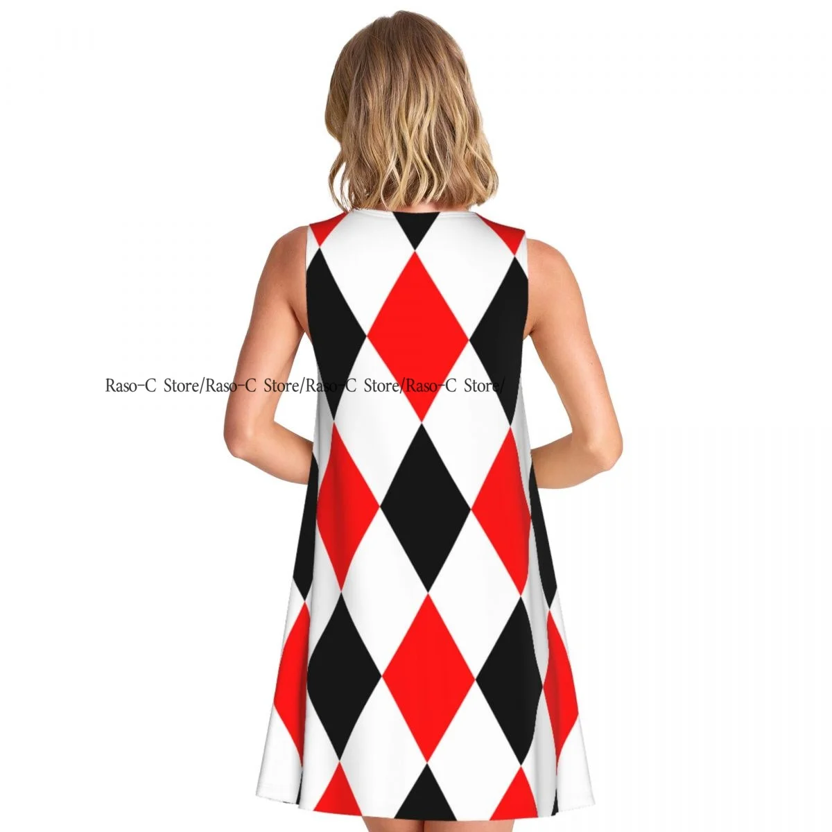 Women's Dress Summer Casual T Shirt Dresses Beach Cover up Red Black And White Rhombuses Pattern Tank Dress