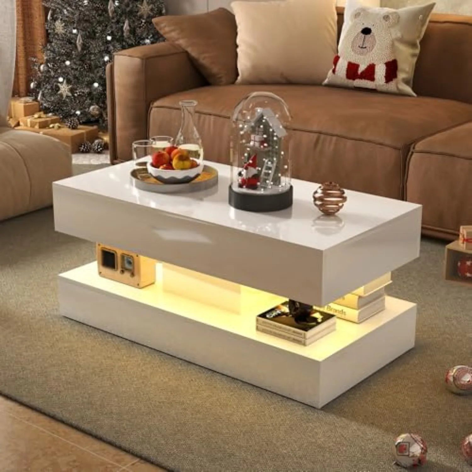 Modern High Gloss LED Coffee Table, 2-Tier Center Table | 39.4" Rectangle Storage Table, Open Display Shelf, 2 Sliding