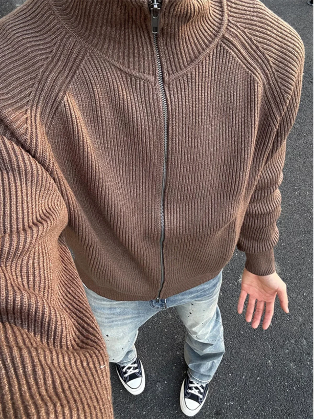 Vintage Double Zipper High Collar Knitwear Cardigan Men's Autumn Winter College Style Jacket Coat Warmth Functional Fashion