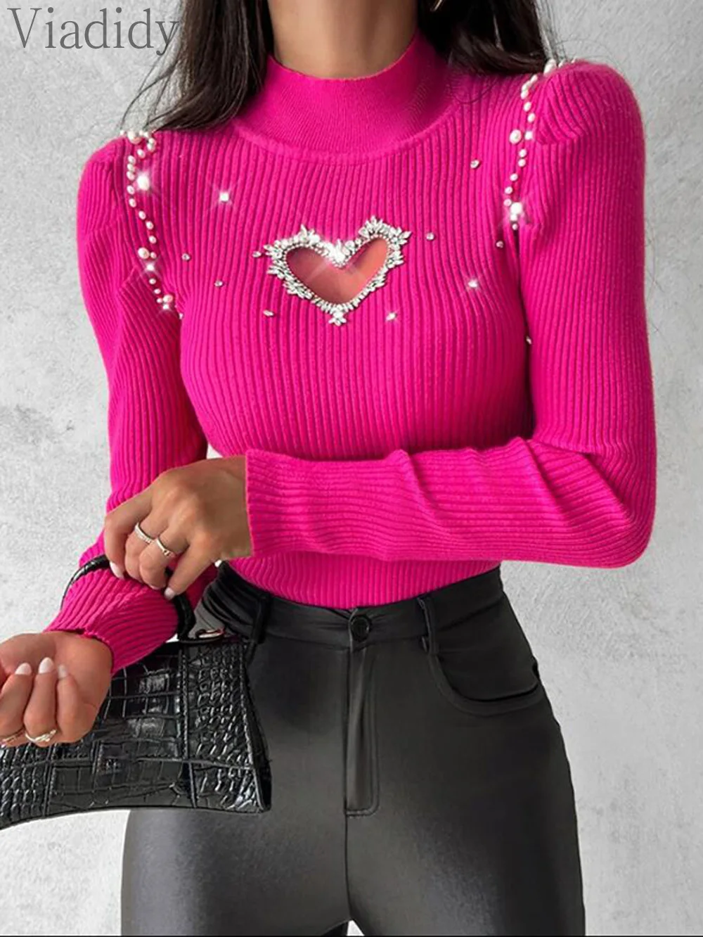 

Women Casual Solid Color Rhinestone Decor Hollow Out Design Knit Pullover Sweater