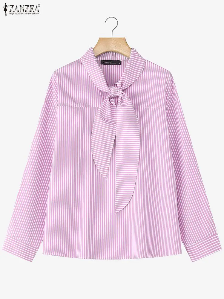 

Women Elegant Shirts ZANZEA Vintage Striped Blouse Vintage Printing 2025 Autumn Long Sleeve Bandage Casual Tunic Tops OL Blusas