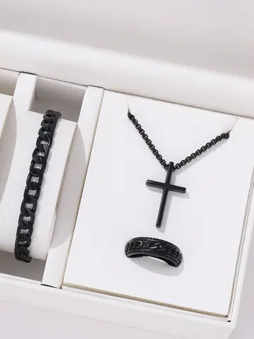 3 Piece Men Fashion Personality Simple Black Stainless Steel Non Fading Cross Necklace Ring Bracelet Set Accessories