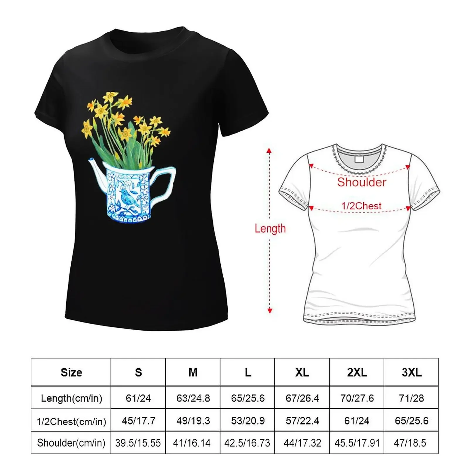 Daffodil watercolor in blue and white teapot T-Shirt animal print sweat oversized Woman clothing