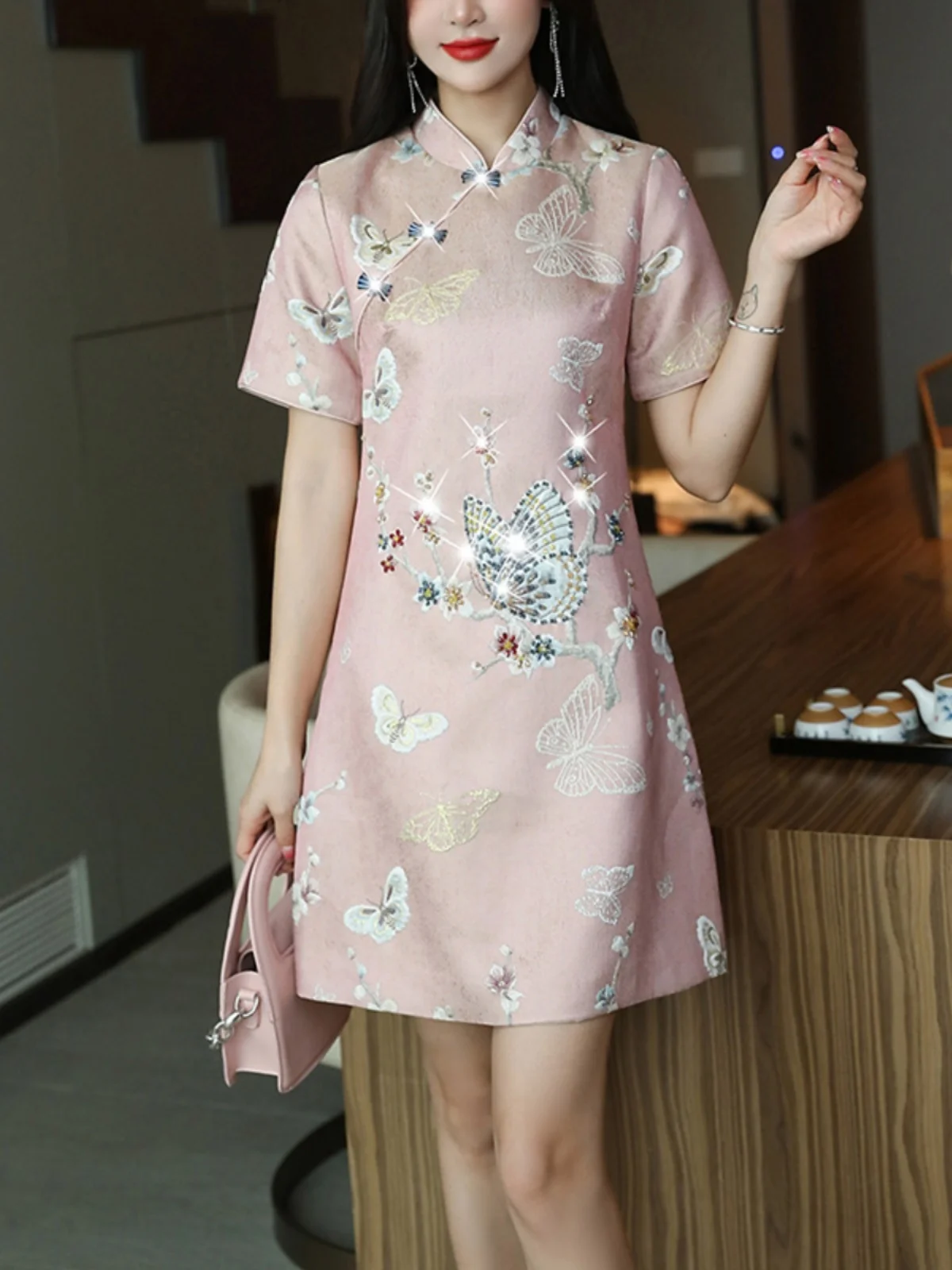 

Young Women's Dr Daily Sle Retro Chinese Trend Tang Suit Embroidered ort Sve Casual Evening Gown