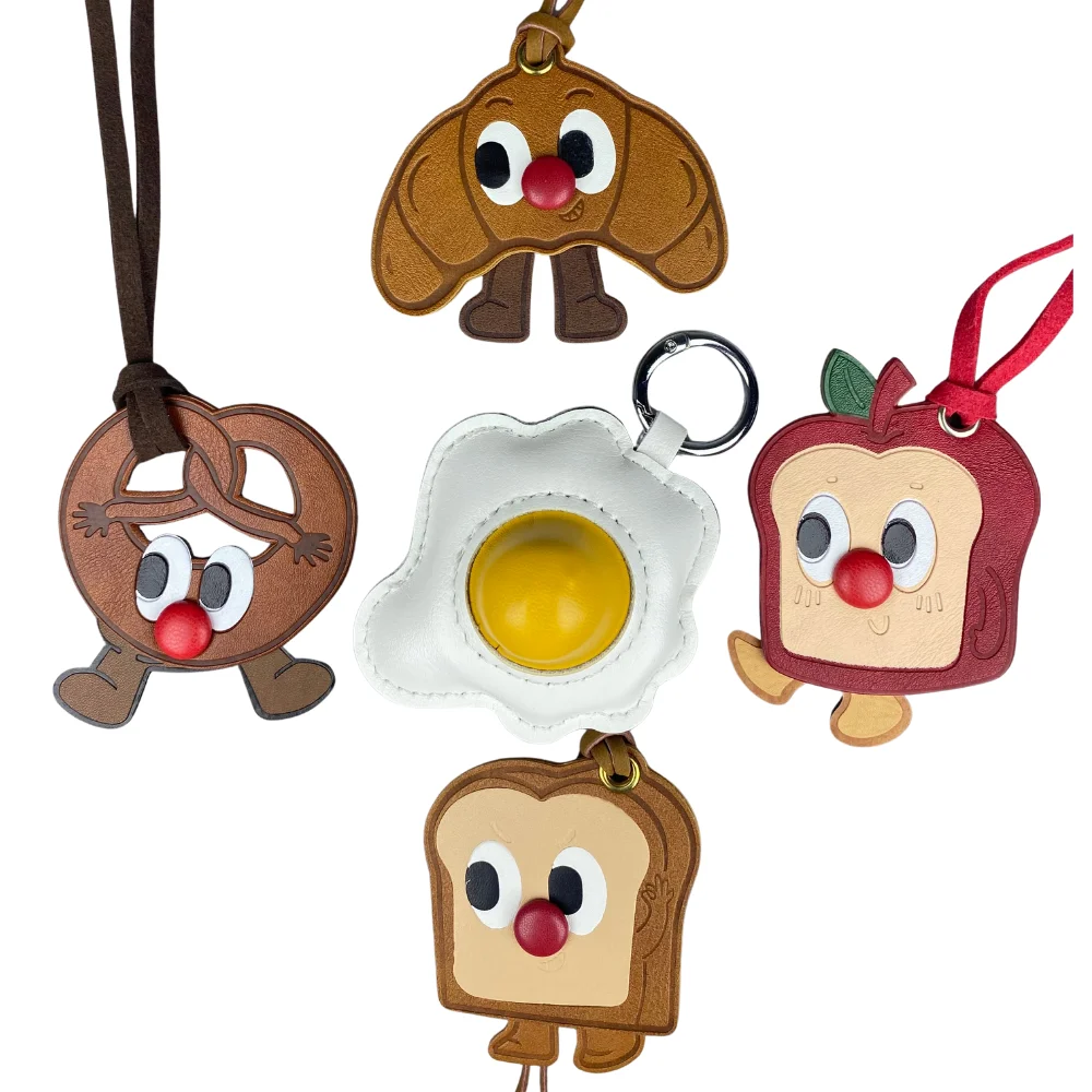 Wiggle & Whimsy: Rotatable Cartoon Toast & Egg Leather Keychain - Playful Bag Charm for Daily Fun-PU Leather/Ideal Bag Accessory