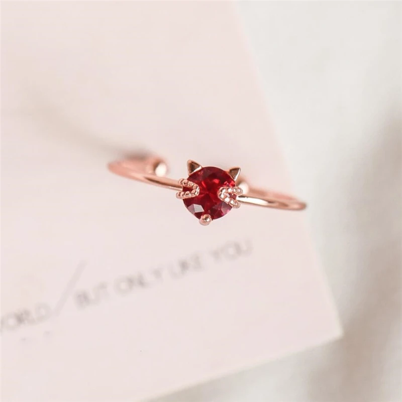 Sole Memory Cute Red Crystal Cat Sweet Romantic Fresh 925 Sterling Silver Female Resizable Opening Ring For Women RI350