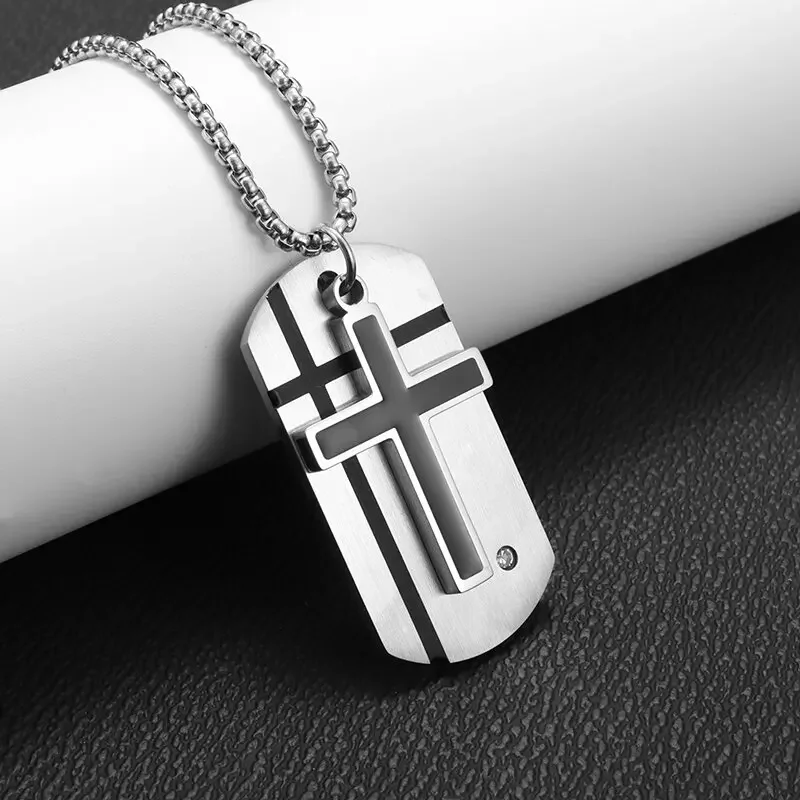 Men's Cross Necklace Stainless Steel Silver Color Faith Cross Bible Verse Dog Tag Pendant Necklace Birthday Gifts for Boys