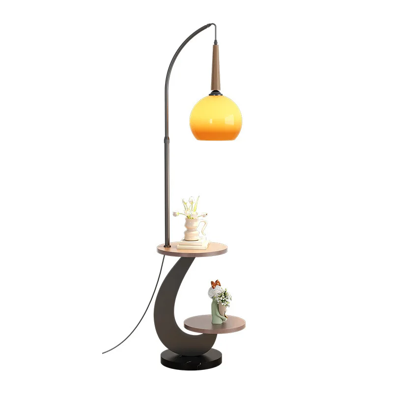 medieval floor lamp, American retro, several shelves next to the living room sofa
