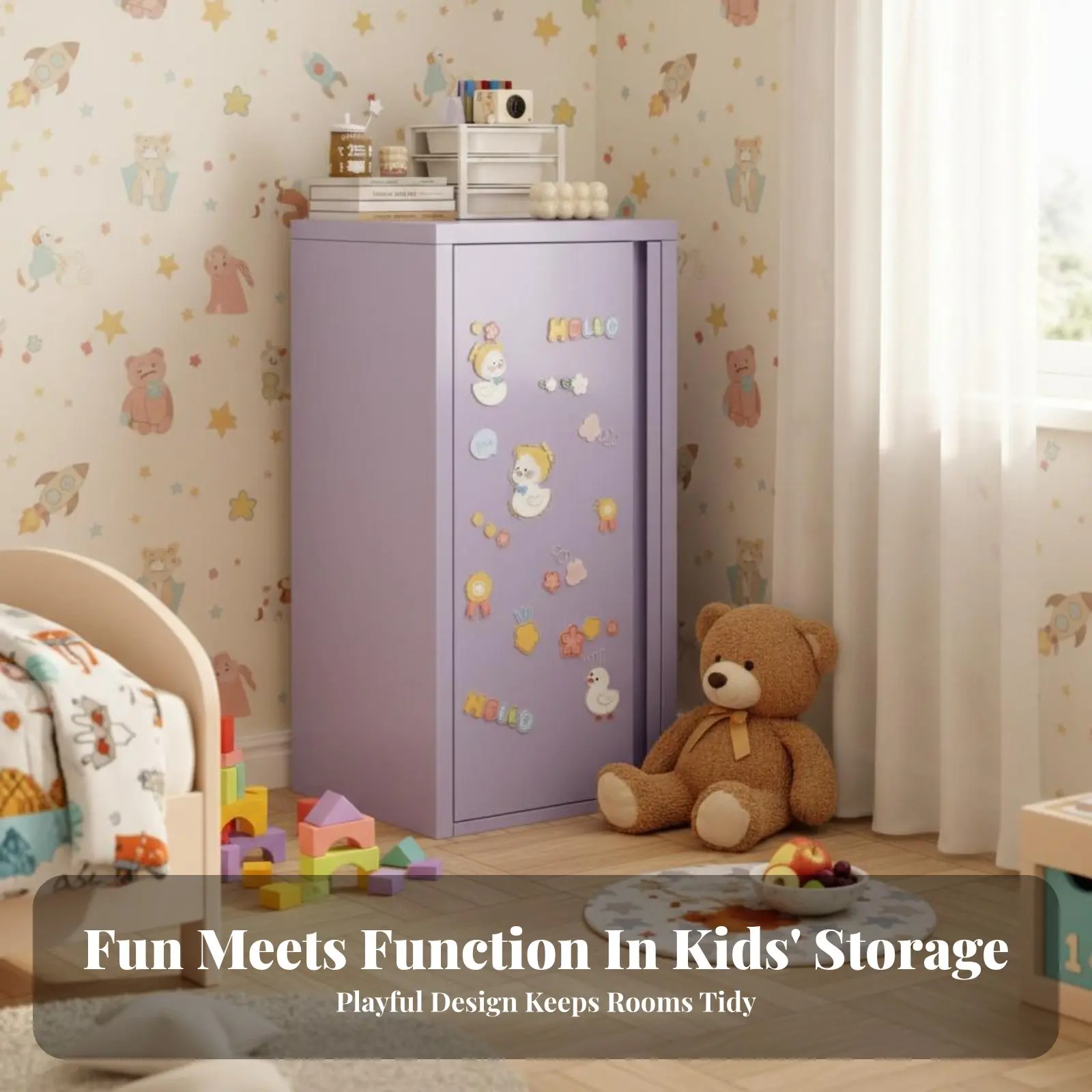 

Single-Door Locker Cabinet Rounded Corners Cartoon creature Cupboard Easy to Clean Lockable for Parents, Adults, Living Room